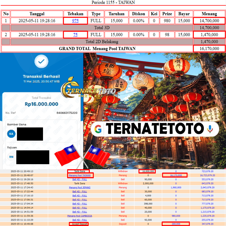 TERNATETOTO - MENANG TAIWAN LOTTO Rp.16,000,000,-